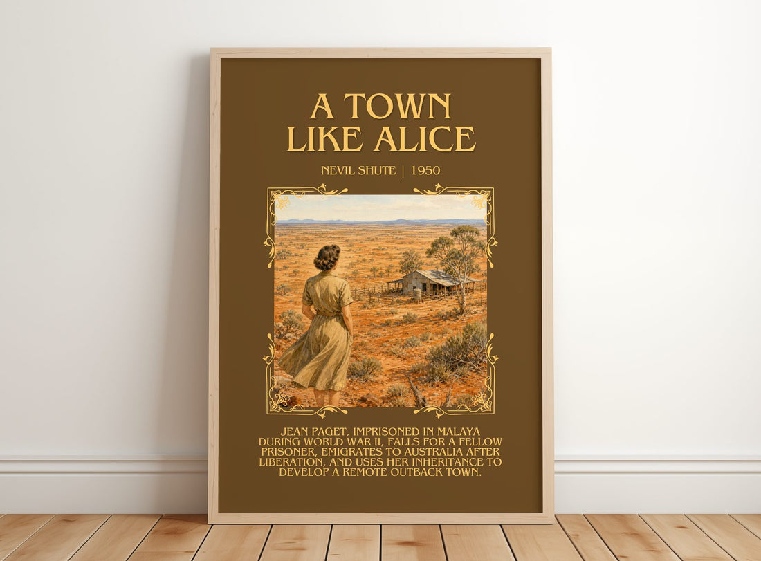 A Town Like Alice Minimalist Book Poster by Nevil Shute – framed print leaning on a wooden floor