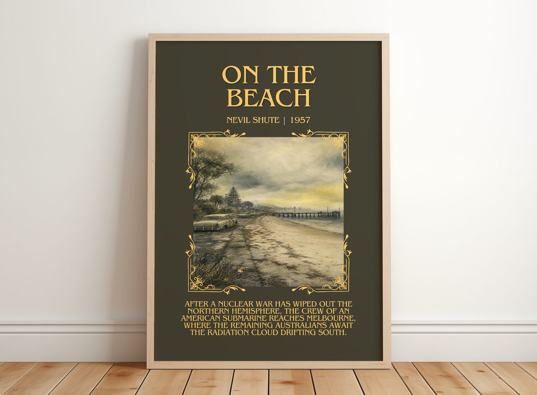 On the Beach Minimalist Book Poster by Nevil Shute – framed print leaning on a wooden floor