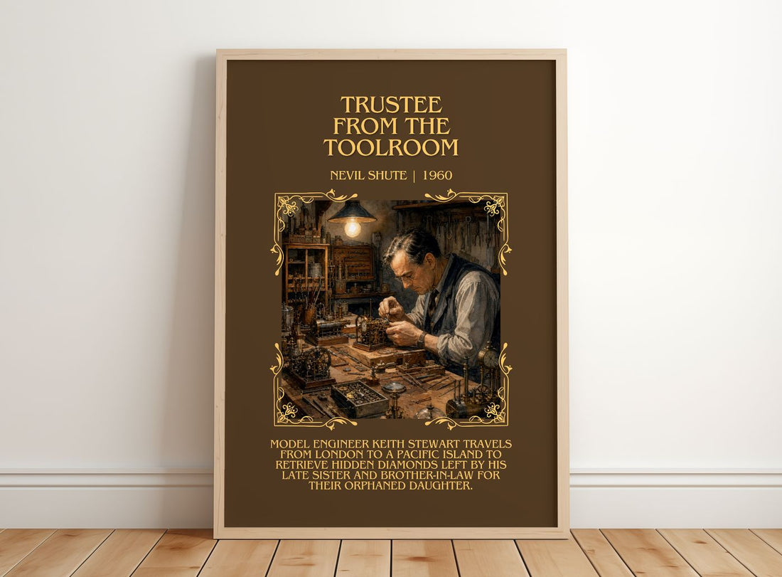 Trustee from the Toolroom Minimalist Book Poster by Nevil Shute – framed print leaning on a wooden floor