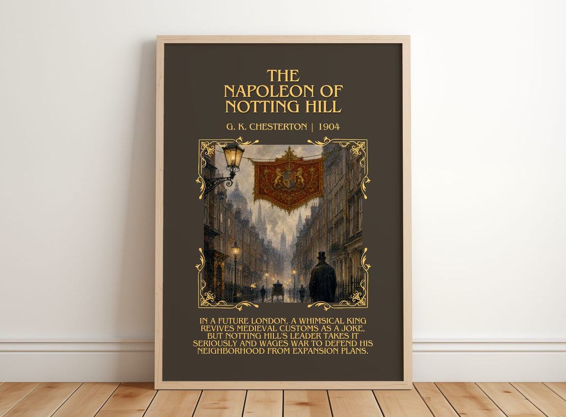 Napoleon of Notting Hill Minimalist Book Poster by G. K. Chesterton – framed print leaning on a wooden floor