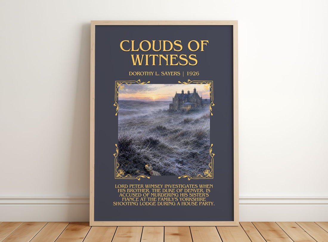 Clouds of Witness Minimalist Book Poster by Dorothy L. Sayers – framed print leaning on a wooden floor
