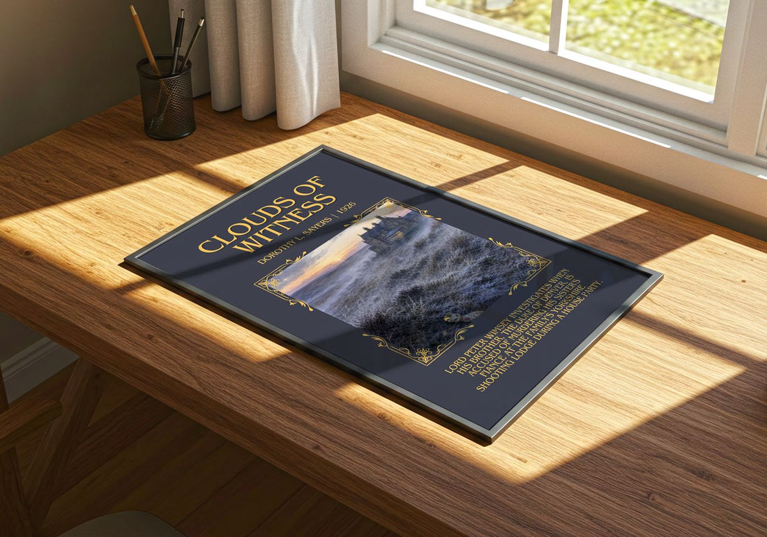 Clouds of Witness Minimalist Book Poster by Dorothy L. Sayers – print on a sunlit desk