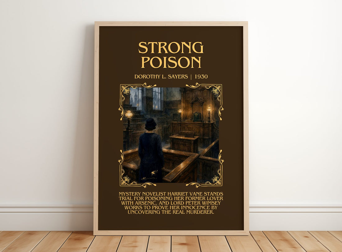 Strong Poison Minimalist Book Poster by Dorothy L. Sayers – framed print leaning on a wooden floor