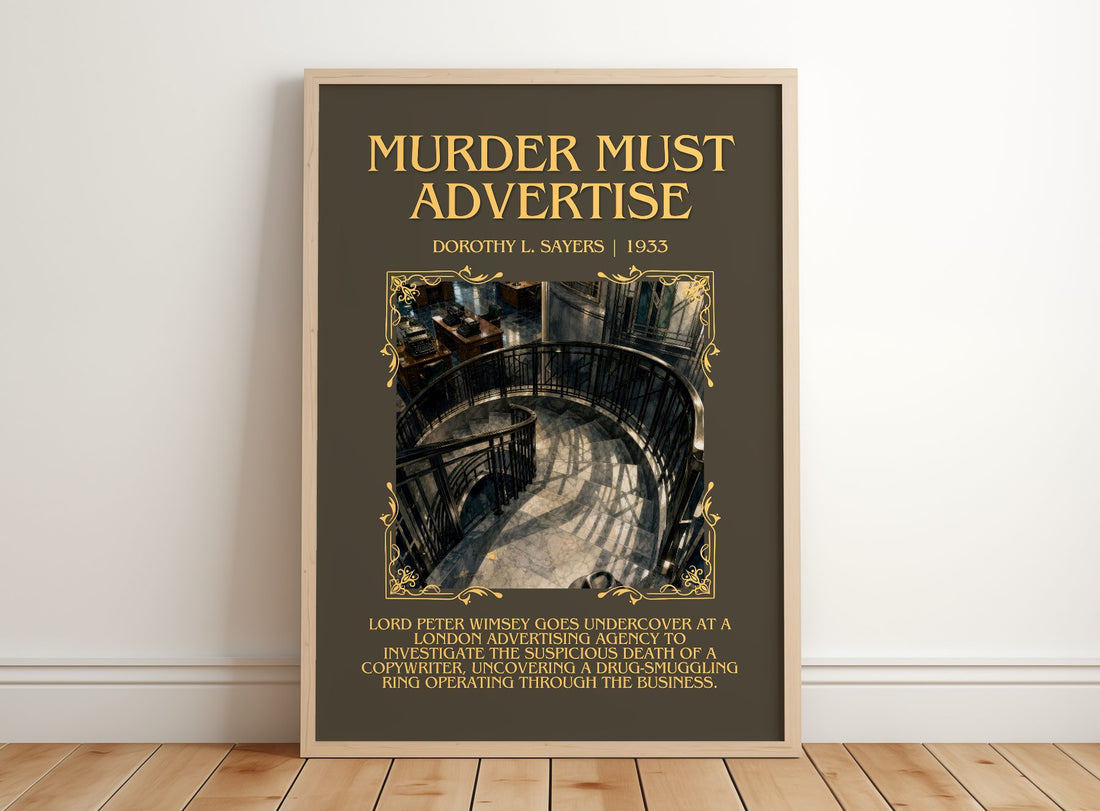 Murder Must Advertise Minimalist Book Poster by Dorothy L. Sayers – framed print leaning on a wooden floor