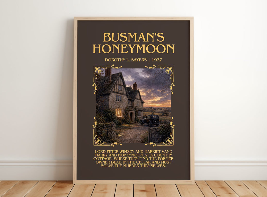 Busman's Honeymoon Minimalist Book Poster by Dorothy L. Sayers – framed print leaning on a wooden floor