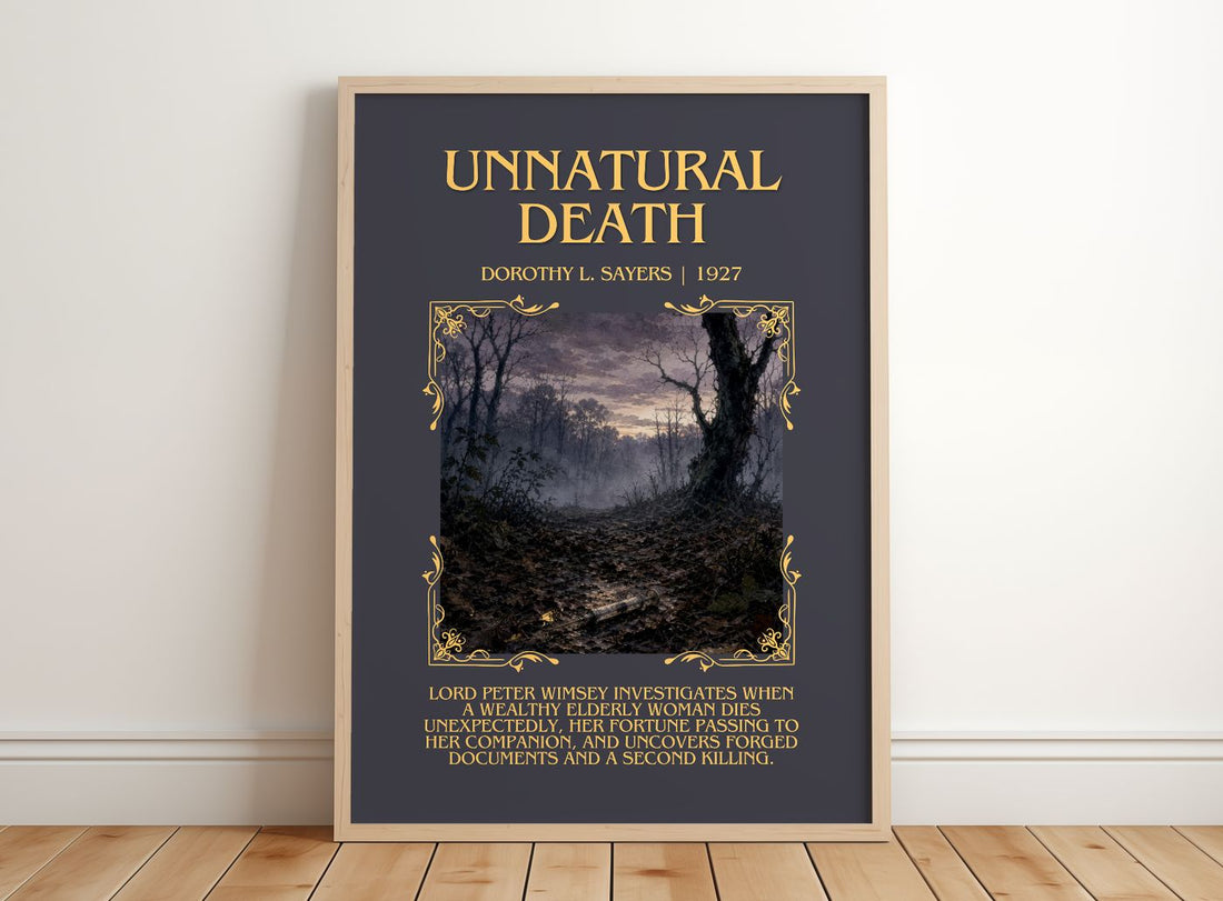 Unnatural Death Minimalist Book Poster by Dorothy L. Sayers – framed print leaning on a wooden floor