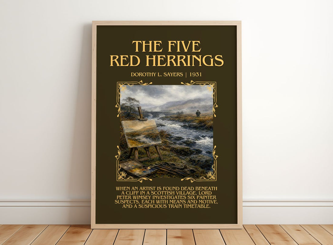 The Five Red Herrings Minimalist Book Poster by Dorothy L. Sayers – framed print leaning on a wooden floor