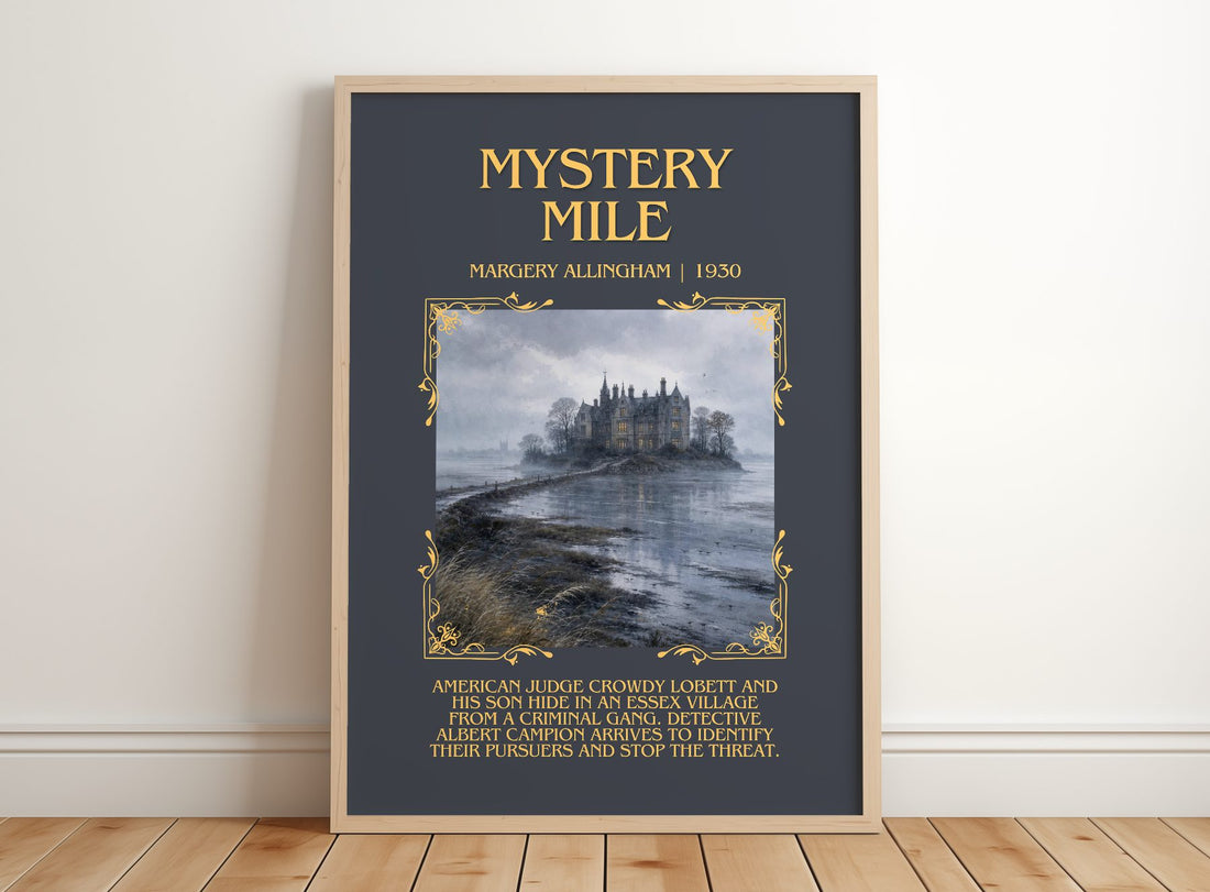 Mystery Mile Minimalist Book Poster by Margery Allingham – framed print leaning on a wooden floor