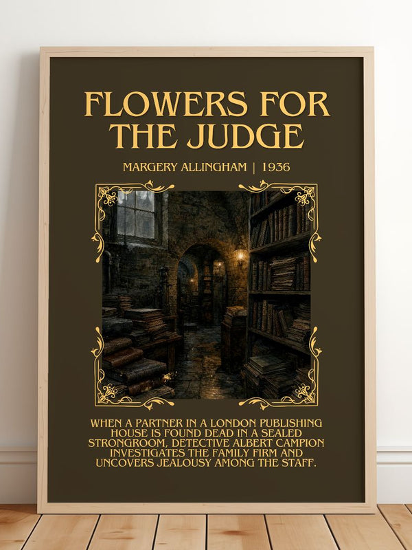 Flowers for the Judge Minimalist Book Poster by Margery Allingham – framed print leaning on a wooden floor