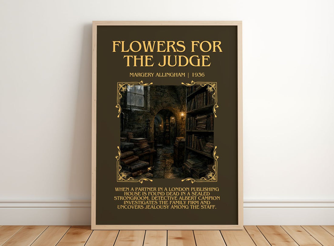 Flowers for the Judge Minimalist Book Poster by Margery Allingham – framed print leaning on a wooden floor