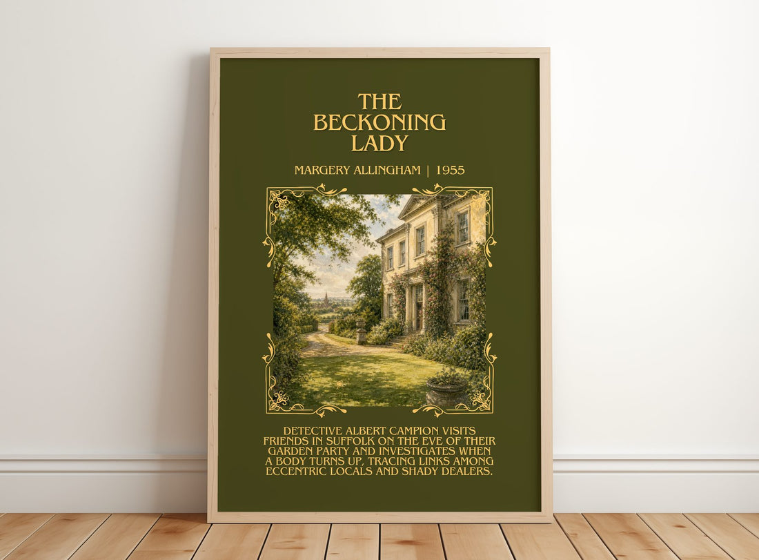 The Beckoning Lady Minimalist Book Poster by Margery Allingham – framed print leaning on a wooden floor