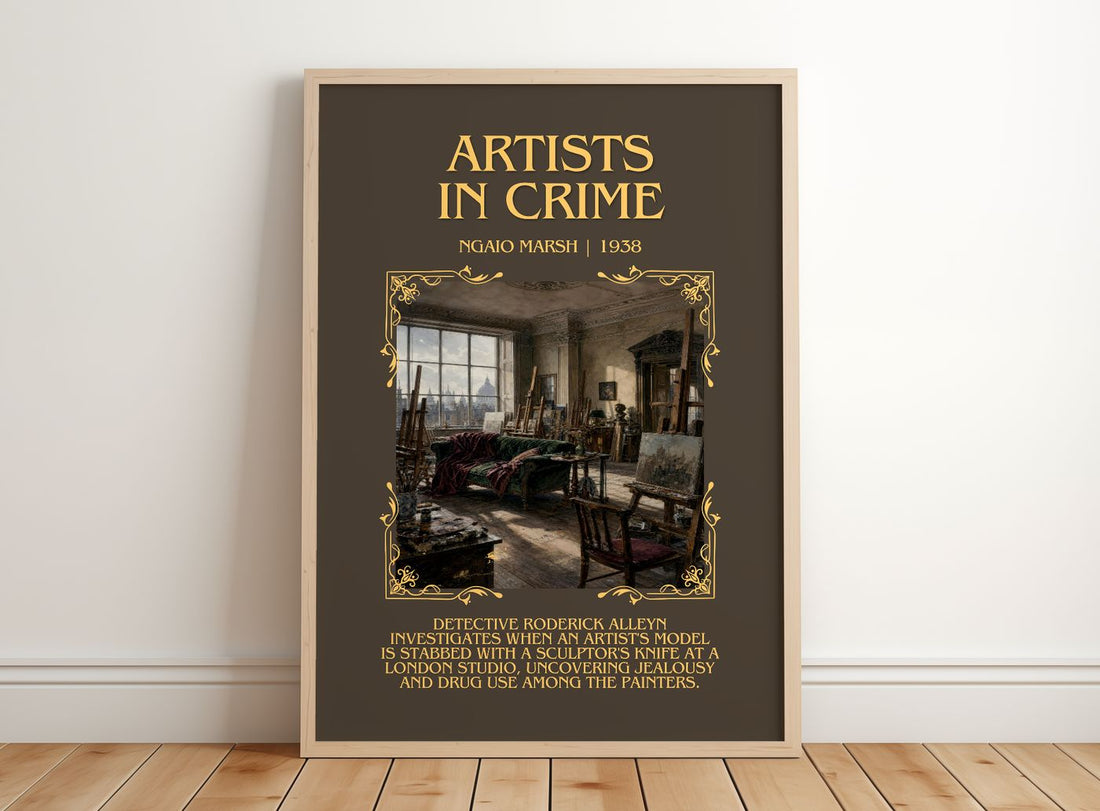 Artists in Crime Minimalist Book Poster by Ngaio Marsh – framed print leaning on a wooden floor