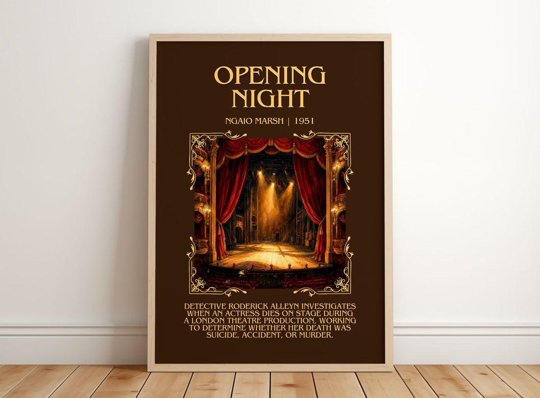 Opening Night Minimalist Book Poster by Ngaio Marsh – framed print leaning on a wooden floor