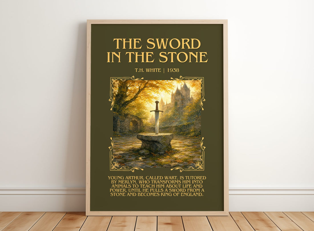 The Sword in the Stone Minimalist Book Poster by T.H. White – framed print leaning on a wooden floor