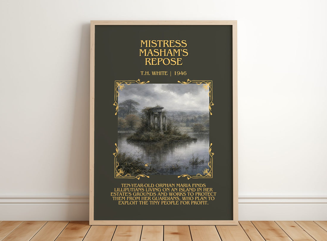 Mistress Masham's Repose Minimalist Book Poster by T.H. White – framed print leaning on a wooden floor