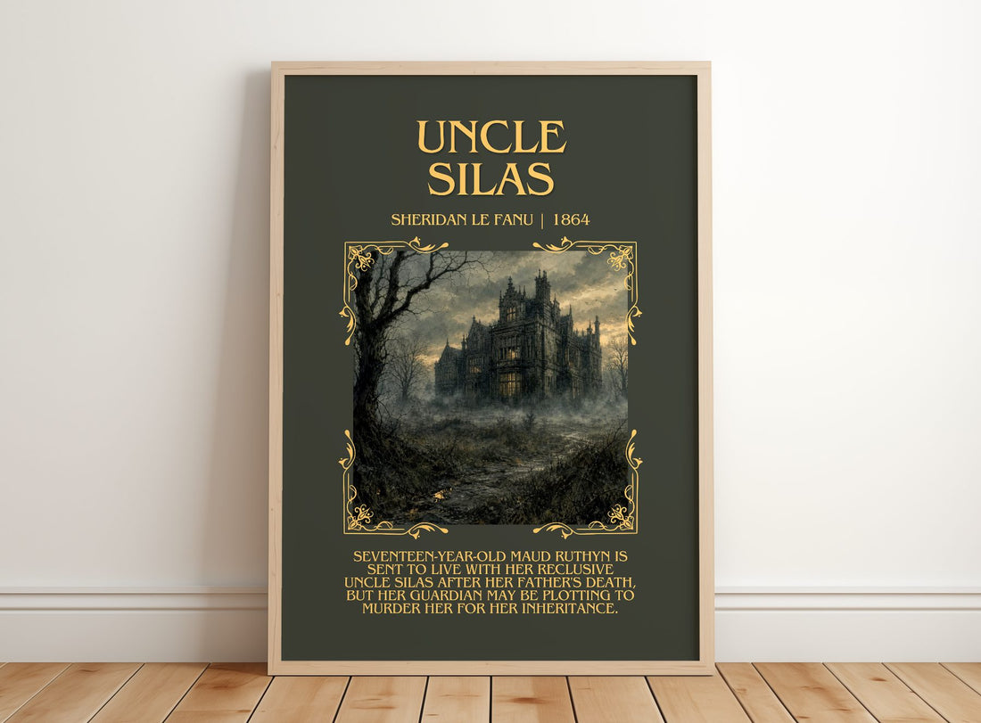 Uncle Silas Minimalist Book Poster by Sheridan Le Fanu – framed print leaning on a wooden floor