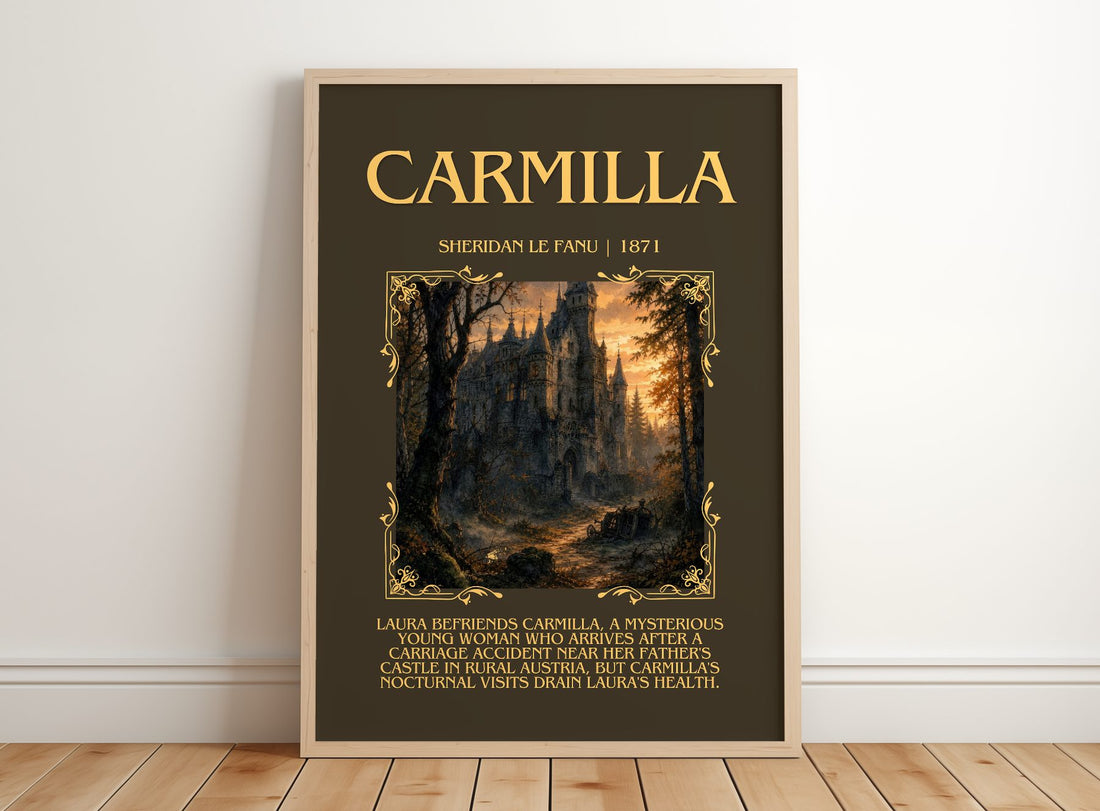 Carmilla Minimalist Book Poster by Sheridan Le Fanu – framed print leaning on a wooden floor