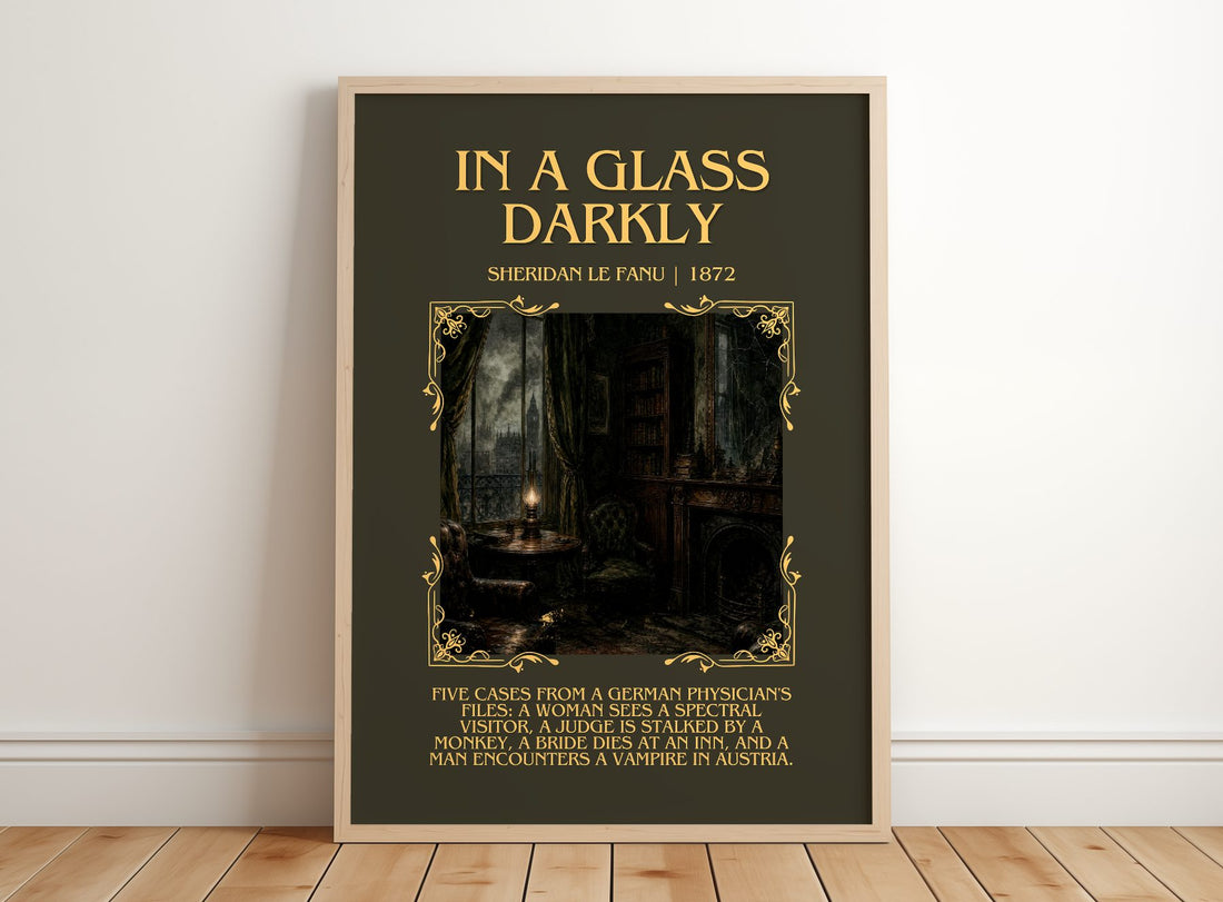 In a Glass Darkly Minimalist Book Poster by Sheridan Le Fanu – framed print leaning on a wooden floor