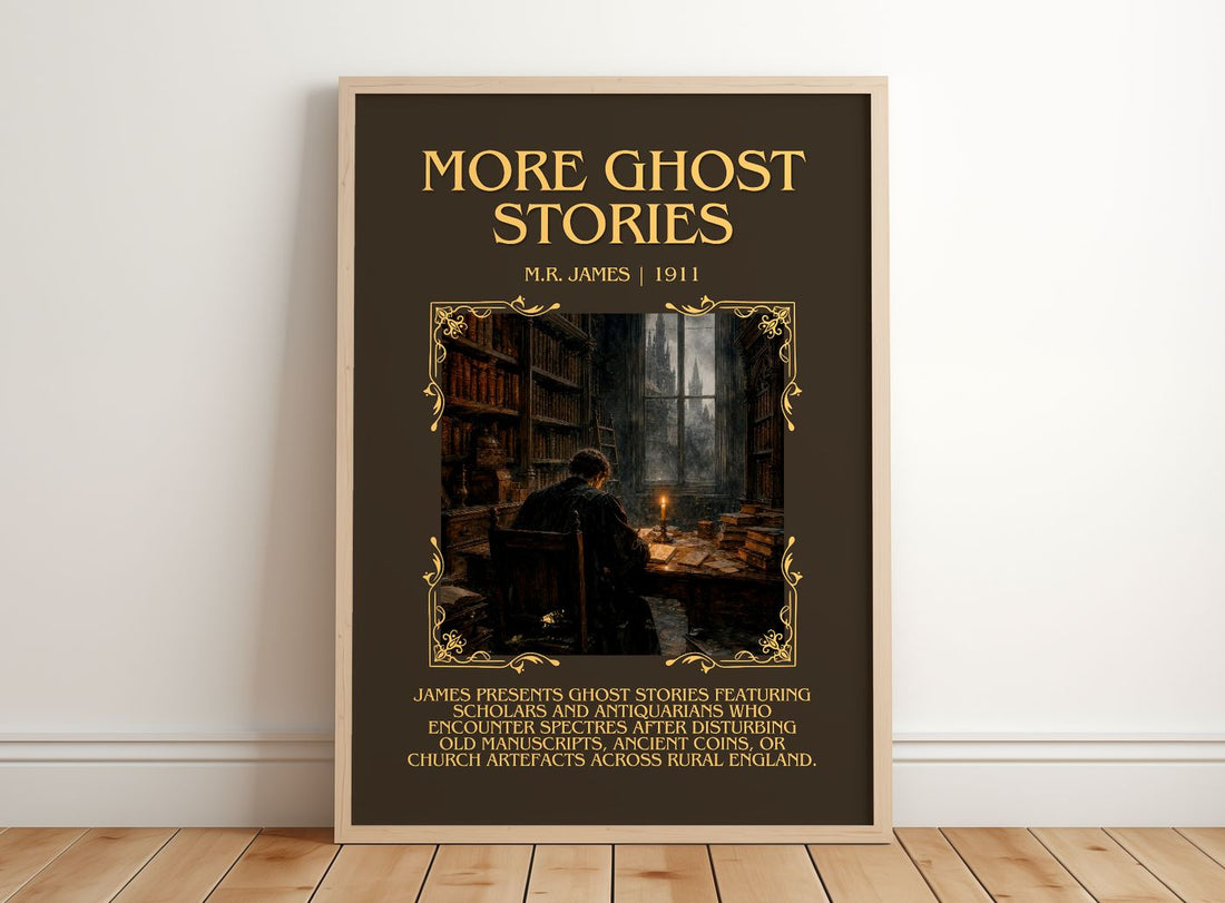 More Ghost Stories Minimalist Book Poster by M.R. James – framed print leaning on a wooden floor