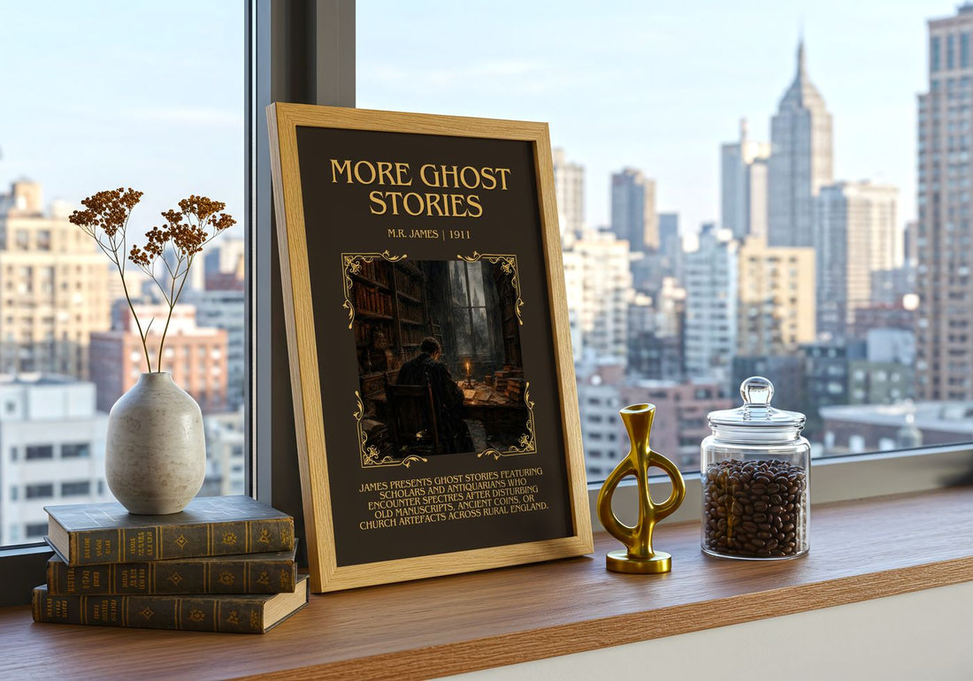 More Ghost Stories Minimalist Book Poster by M.R. James – framed print on a city-view windowsill