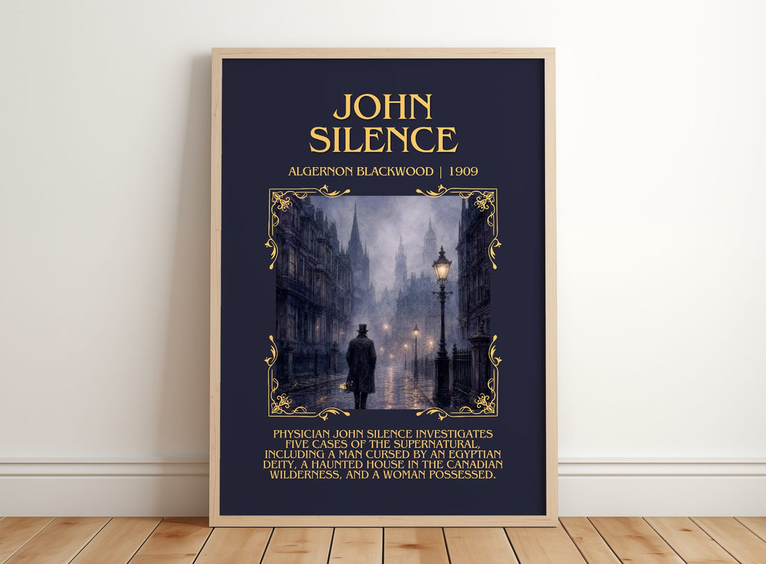 John Silence Minimalist Book Poster by Algernon Blackwood – framed print leaning on a wooden floor