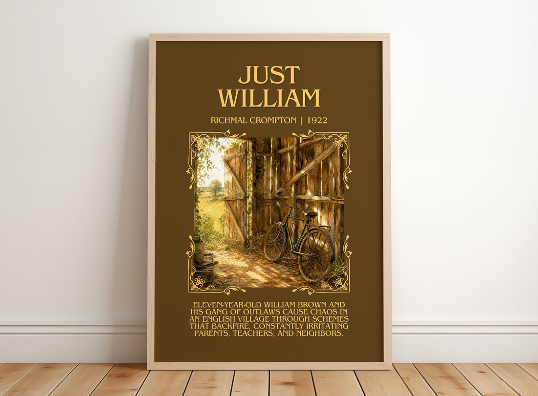 Just William Minimalist Book Poster by Richmal Crompton – framed print leaning on a wooden floor