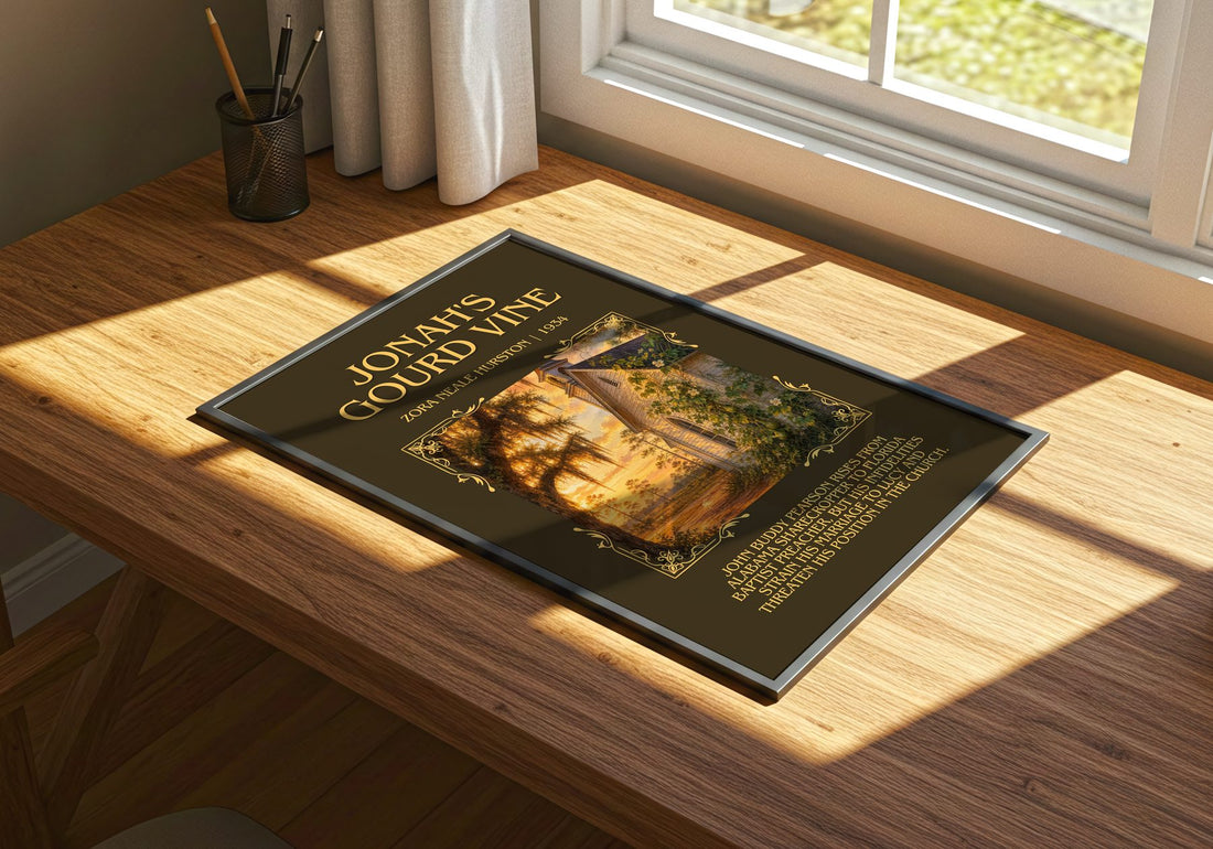 Jonah's Gourd Vine Minimalist Book Poster by Zora Neale Hurston – print on a sunlit desk