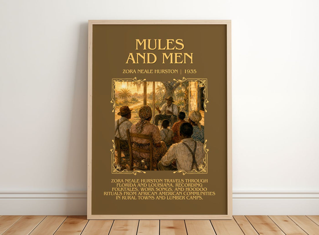 Mules and Men Minimalist Book Poster by Zora Neale Hurston – framed print leaning on a wooden floor