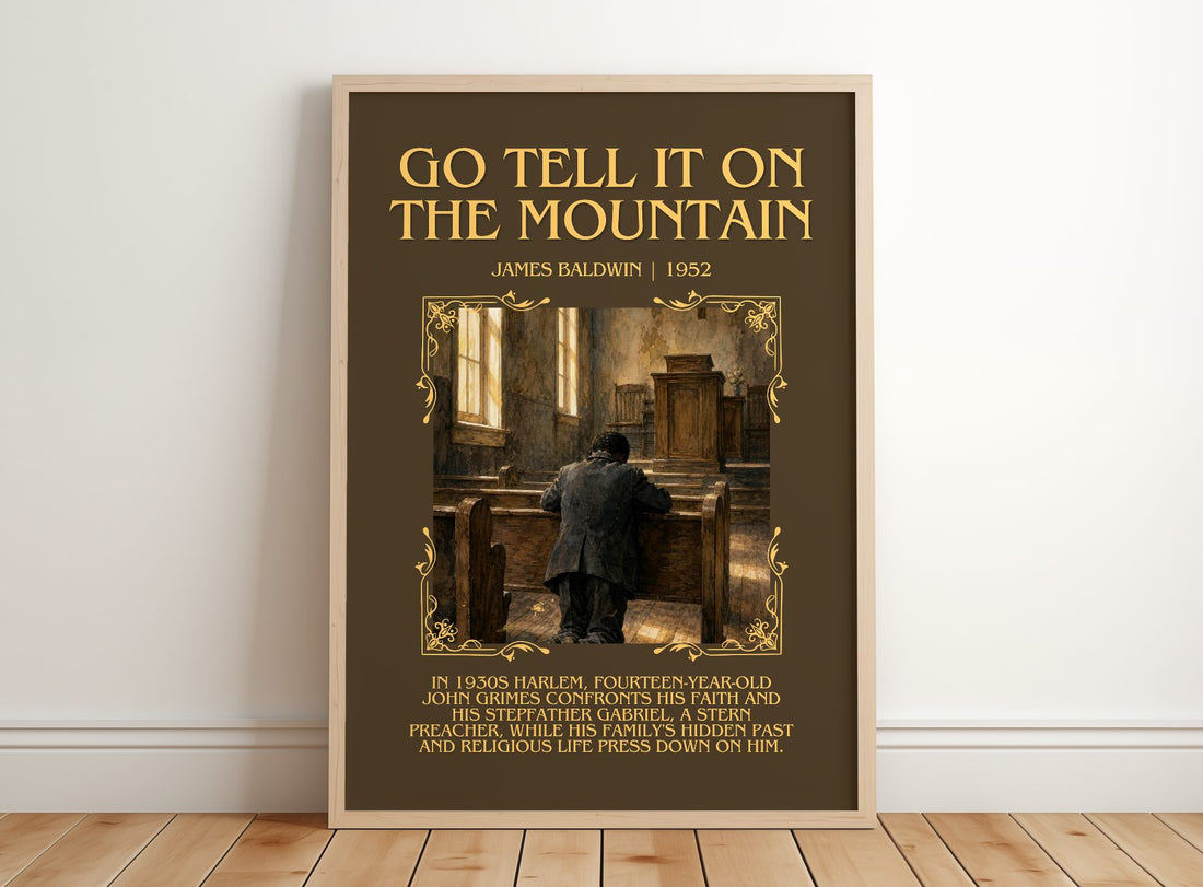 Go Tell It on the Mountain Minimalist Book Poster by James Baldwin – framed print leaning on a wooden floor