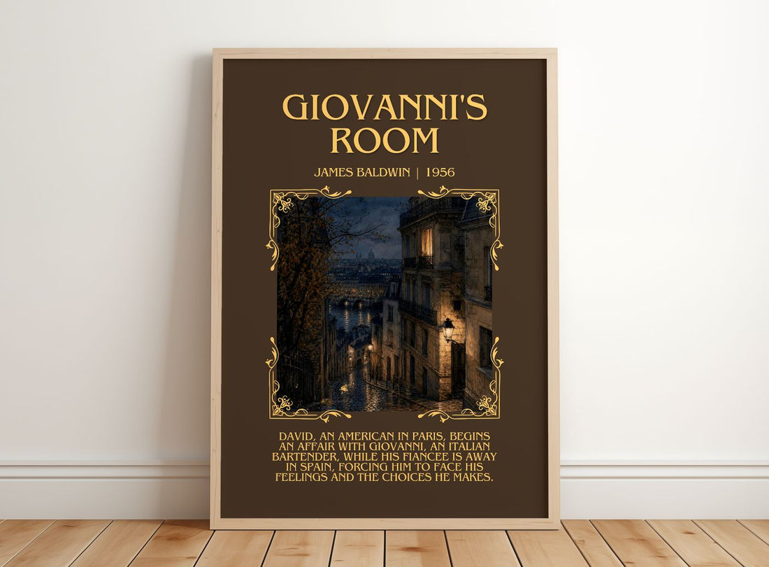 Giovanni's Room Minimalist Book Poster by James Baldwin – framed print leaning on a wooden floor