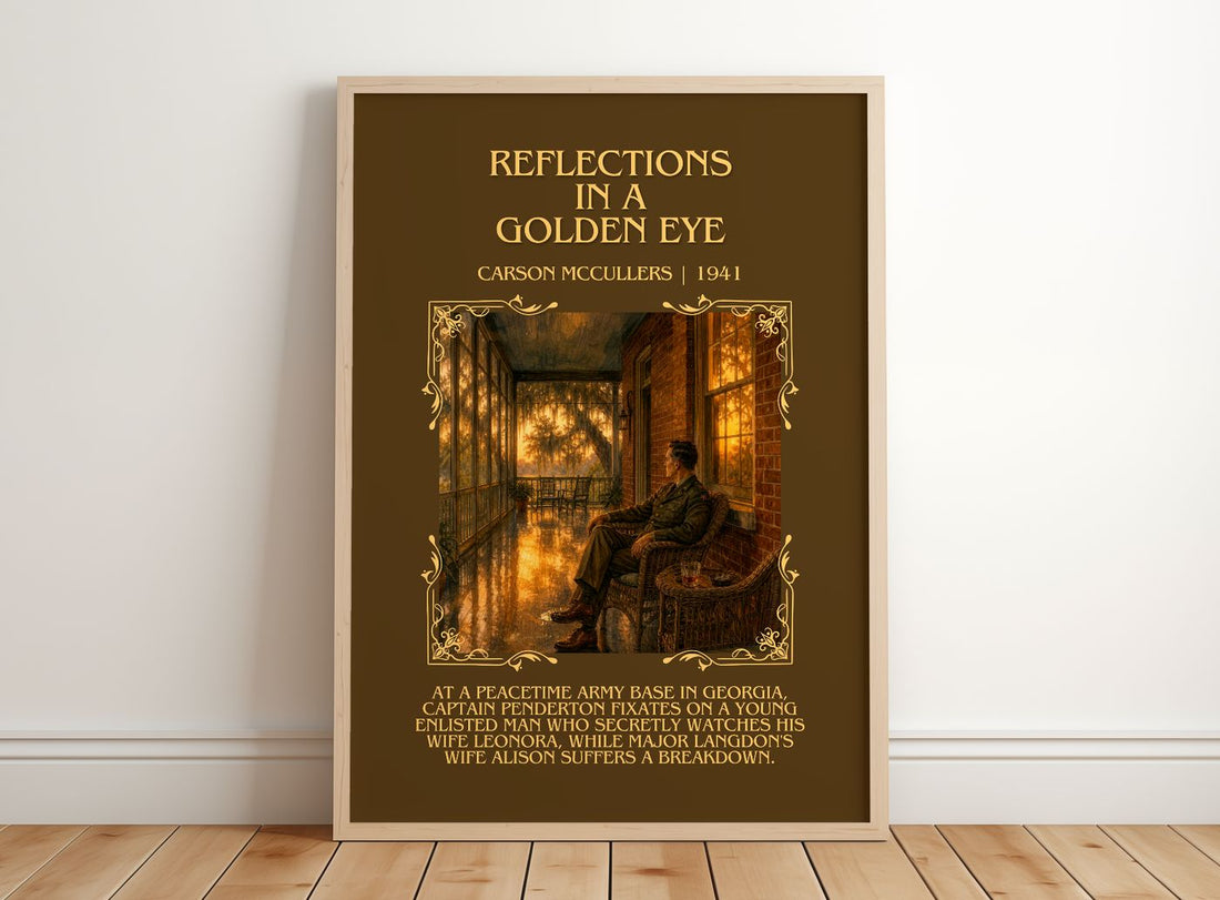 Reflections in a Golden Eye Minimalist Book Poster by Carson McCullers – framed print leaning on a wooden floor