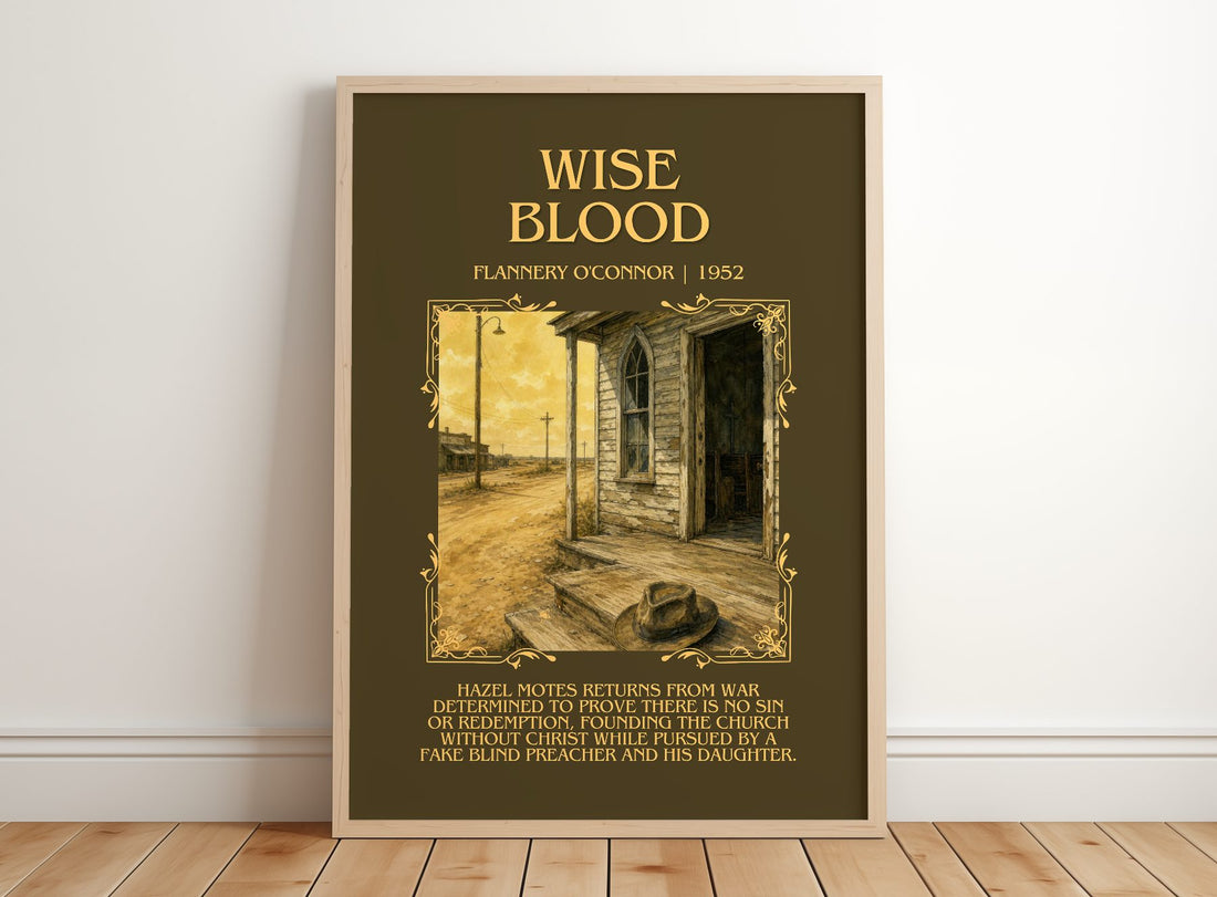Wise Blood Minimalist Book Poster by Flannery O'Connor – framed print leaning on a wooden floor