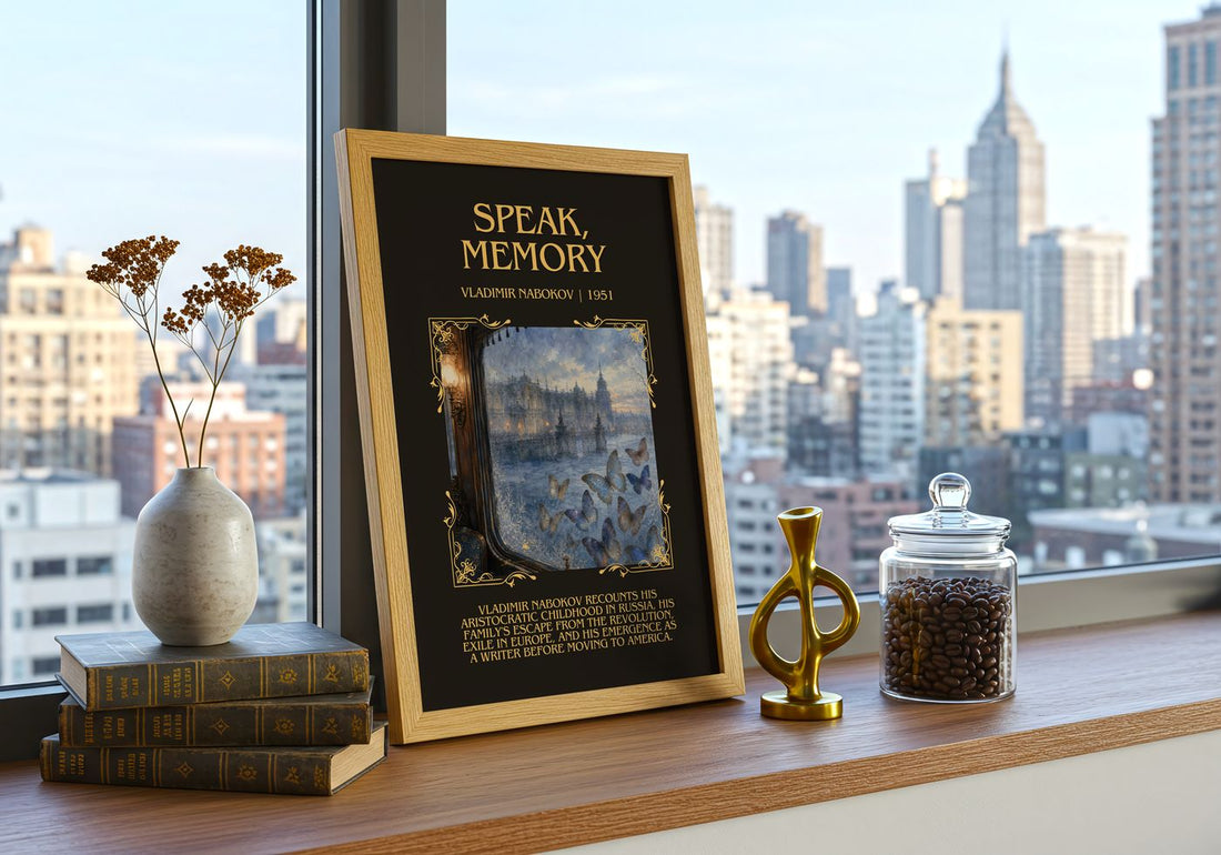 Speak, Memory Minimalist Book Poster by Vladimir Nabokov – framed print on a city-view windowsill