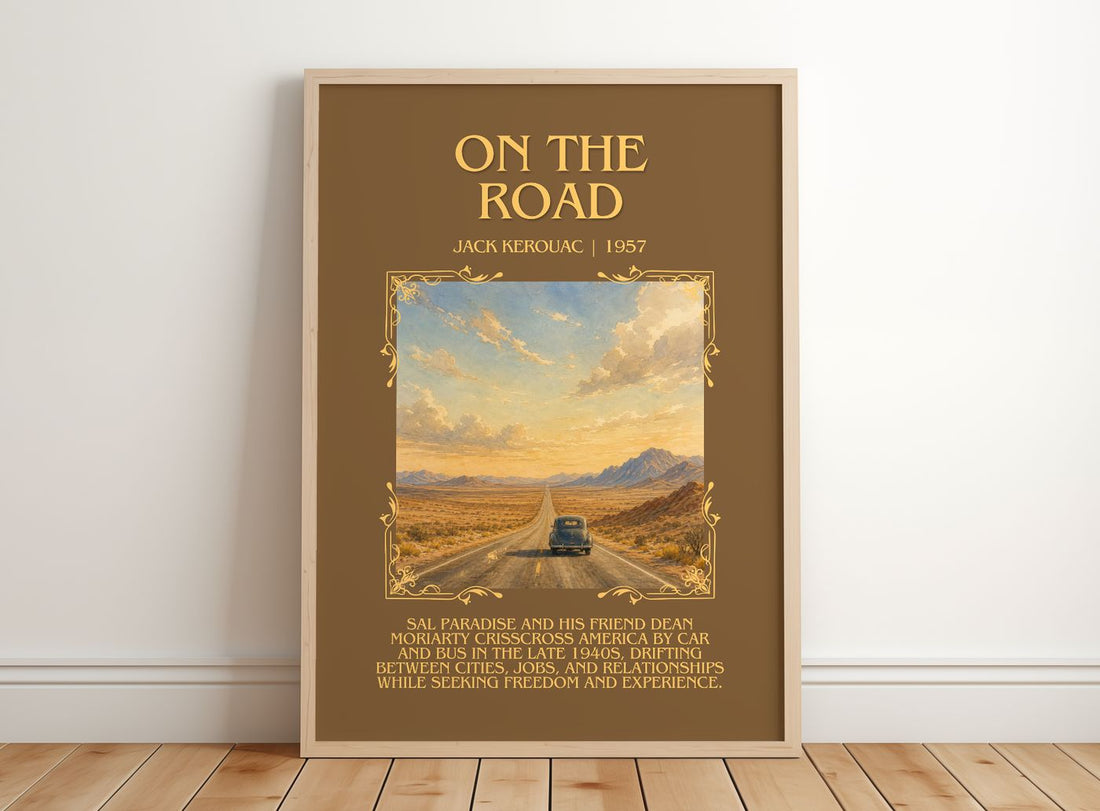 On the Road Minimalist Book Poster by Jack Kerouac – framed print leaning on a wooden floor