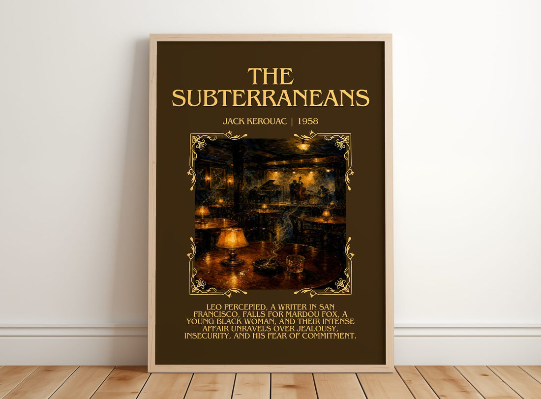 The Subterraneans Minimalist Book Poster by Jack Kerouac – framed print leaning on a wooden floor