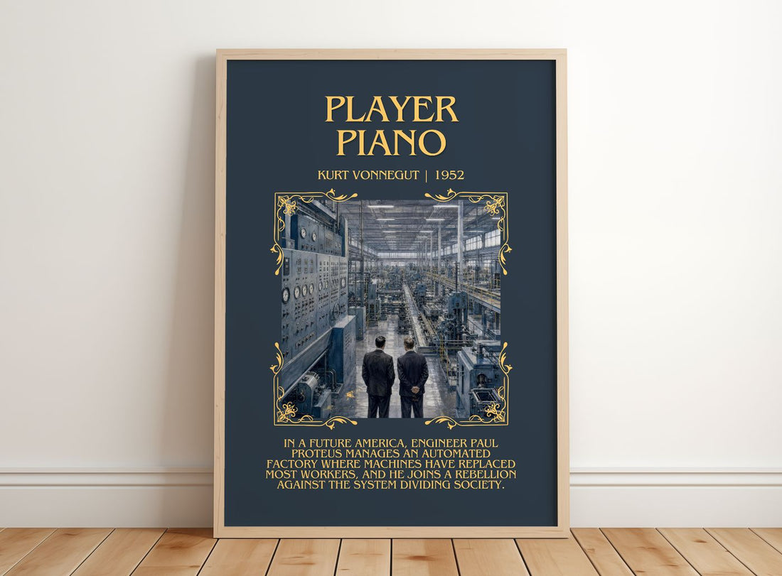 Player Piano Minimalist Book Poster by Kurt Vonnegut – framed print leaning on a wooden floor