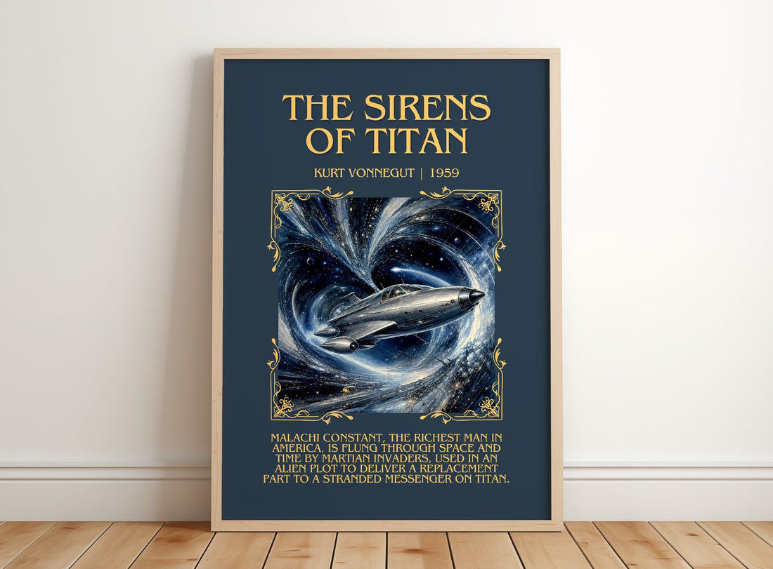 The Sirens of Titan Minimalist Book Poster by Kurt Vonnegut – framed print leaning on a wooden floor