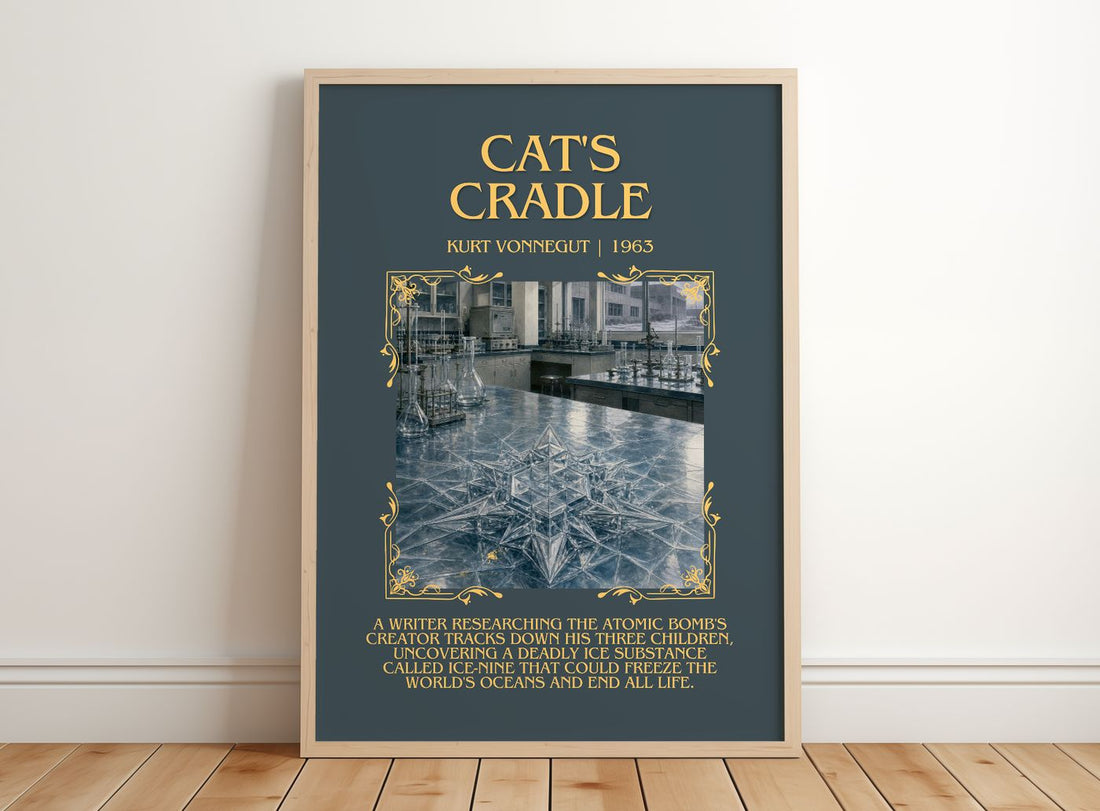 Cat's Cradle Minimalist Book Poster by Kurt Vonnegut – framed print leaning on a wooden floor