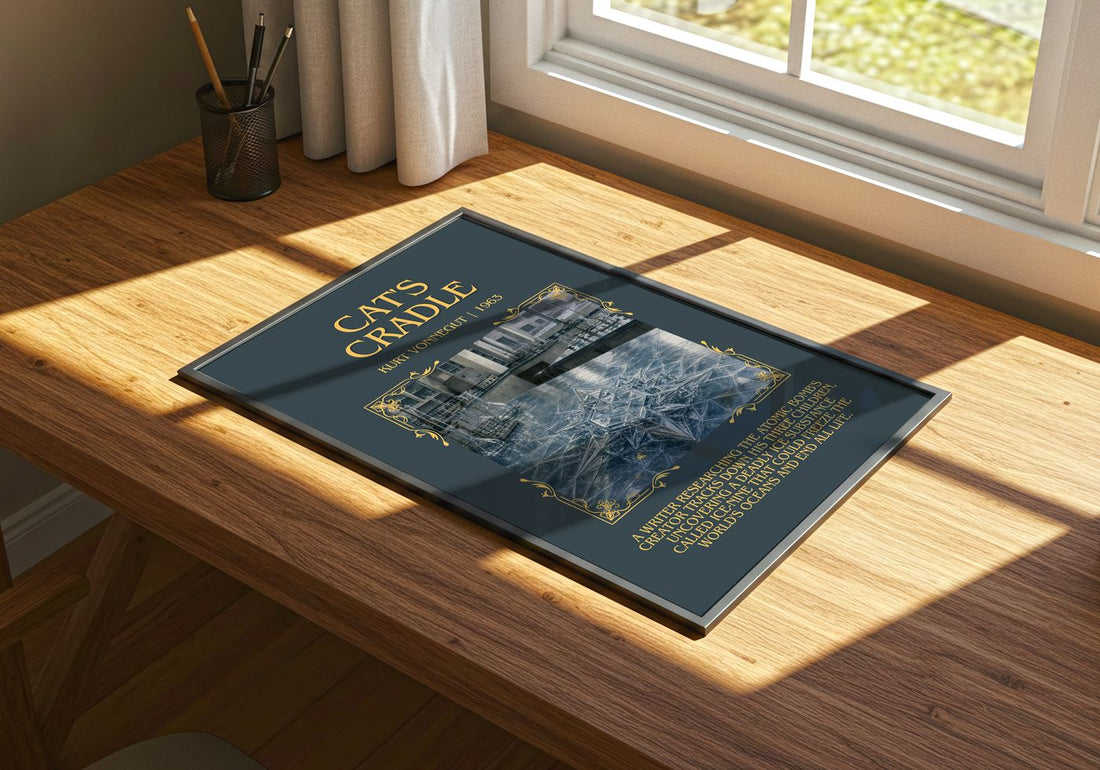 Cat's Cradle Minimalist Book Poster by Kurt Vonnegut – print on a sunlit desk
