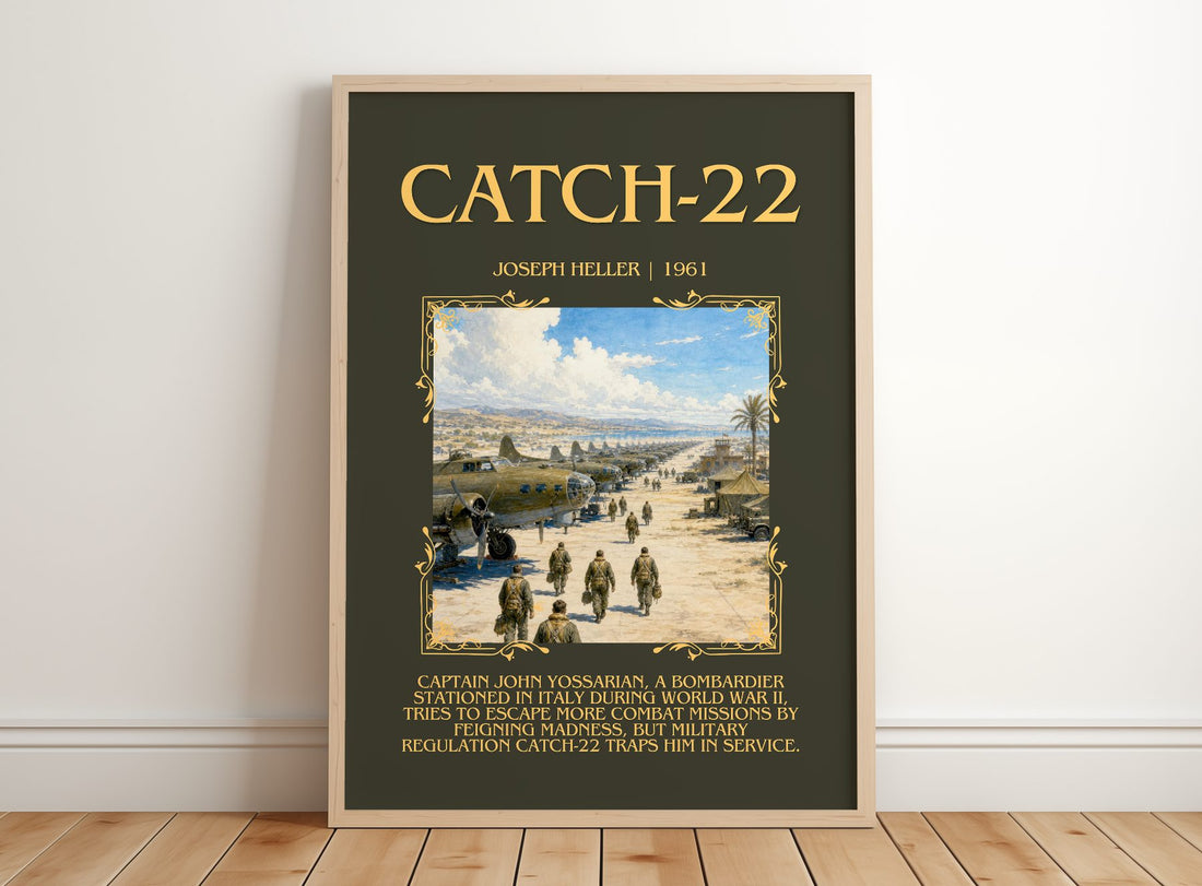 Catch-22 Minimalist Book Poster by Joseph Heller – framed print leaning on a wooden floor