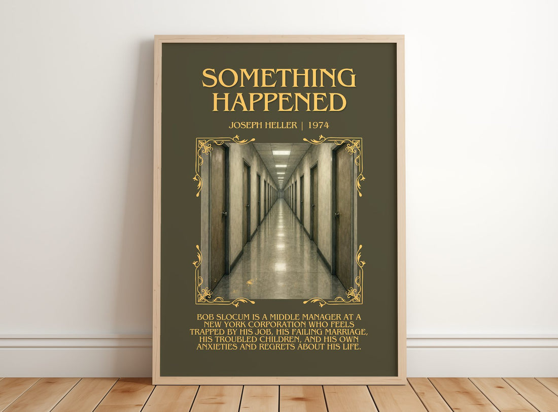 Something Happened Minimalist Book Poster by Joseph Heller – framed print leaning on a wooden floor