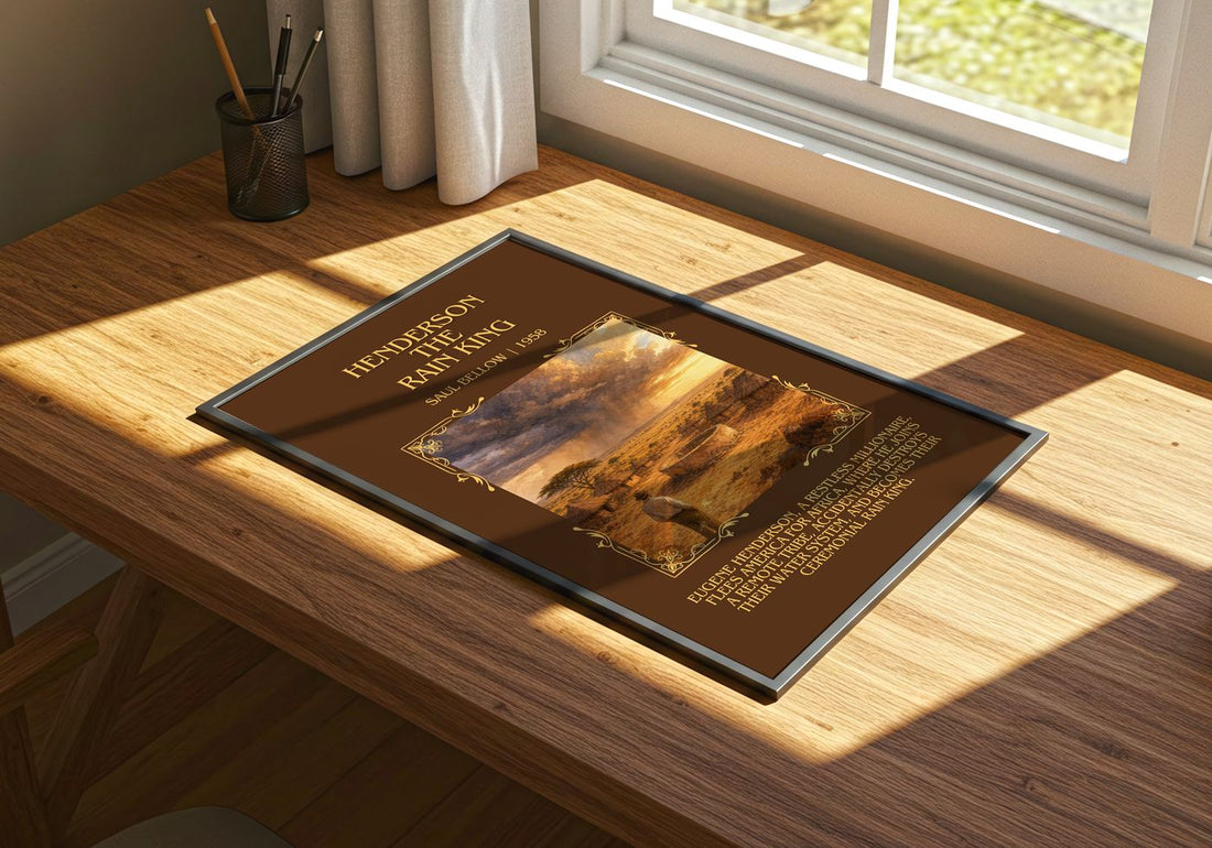 Henderson the Rain King Minimalist Book Poster by Saul Bellow – print on a sunlit desk