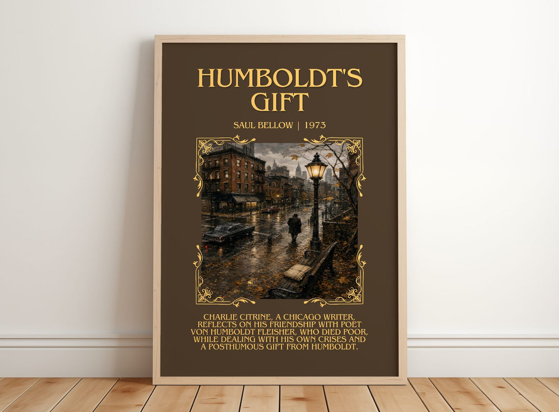 Humboldt's Gift Minimalist Book Poster by Saul Bellow – framed print leaning on a wooden floor