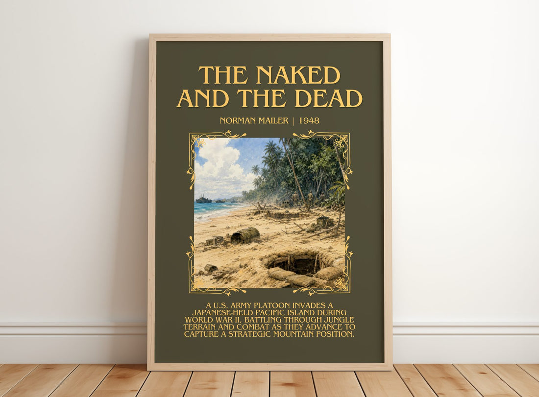 The Naked and the Dead Minimalist Book Poster by Norman Mailer – framed print leaning on a wooden floor