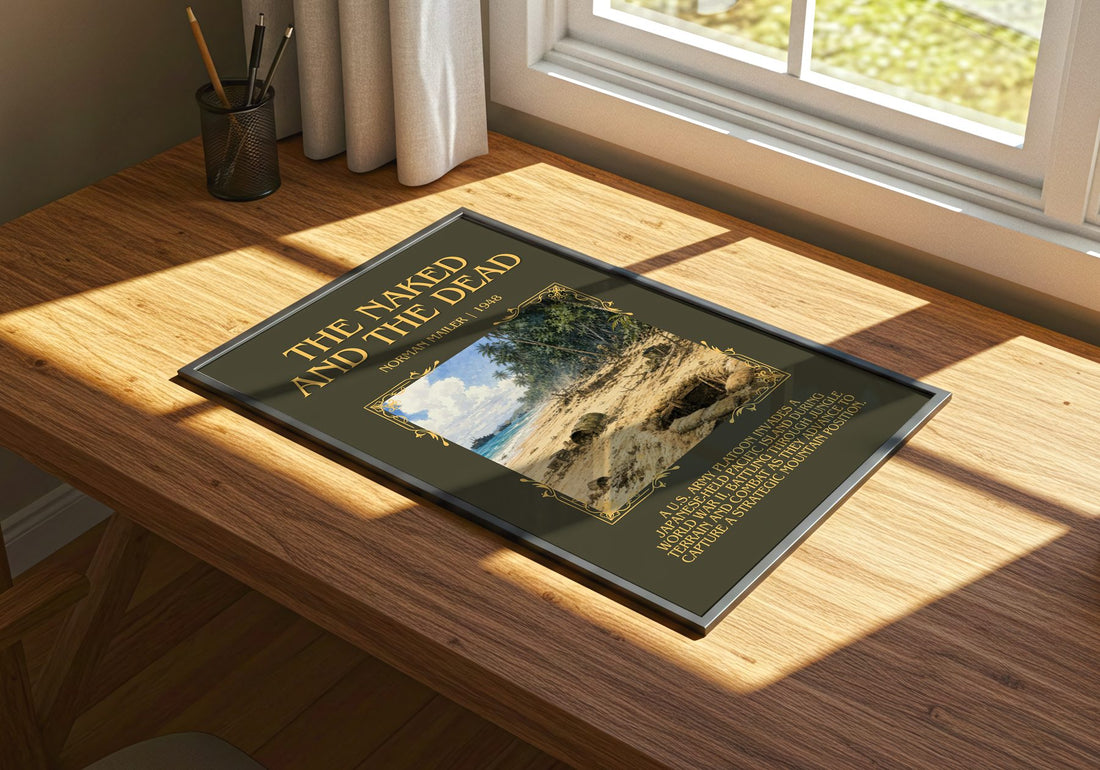 The Naked and the Dead Minimalist Book Poster by Norman Mailer – print on a sunlit desk