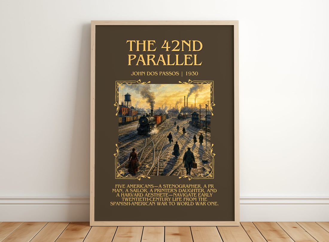 The 42nd Parallel Minimalist Book Poster by John Dos Passos – framed print leaning on a wooden floor