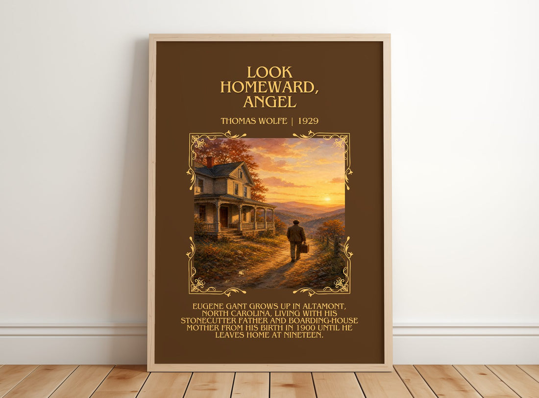 Look Homeward, Angel Minimalist Book Poster by Thomas Wolfe – framed print leaning on a wooden floor
