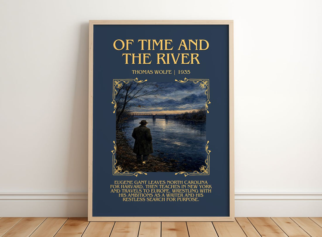 Of Time and the River Minimalist Book Poster by Thomas Wolfe – framed print leaning on a wooden floor