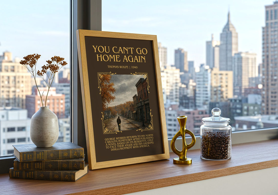 You Can't Go Home Again Minimalist Book Poster by Thomas Wolfe – framed print on a city-view windowsill