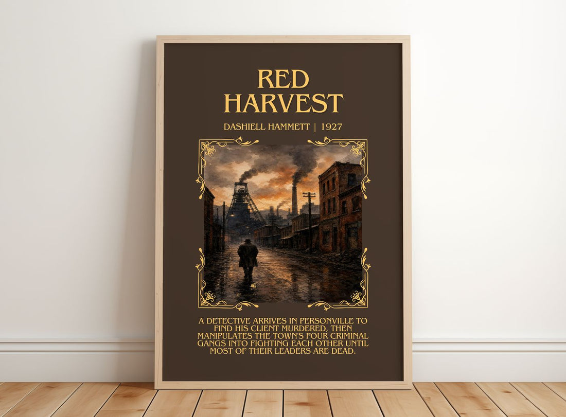 Red Harvest Minimalist Book Poster by Dashiell Hammett – framed print leaning on a wooden floor